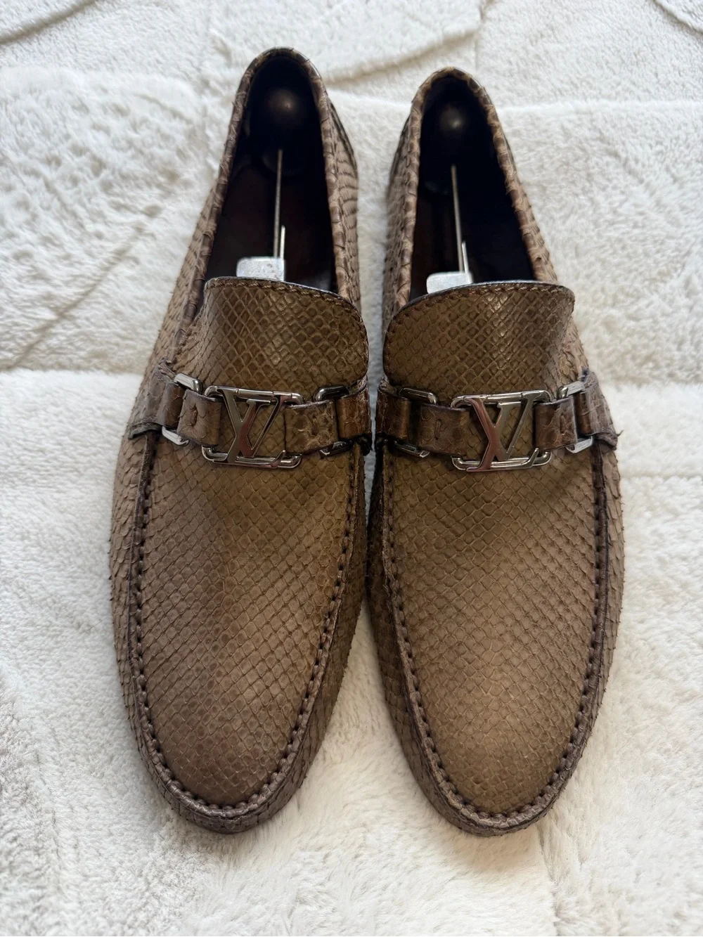 $1,995 Louis Vuitton Genuine Exotic Python Snake Skin Silver Buckle Loafers 8.5